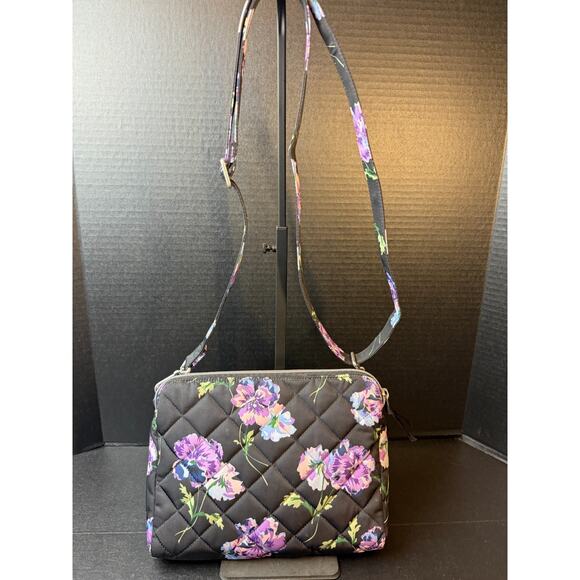 Vera Bradley Floating Plum Pansies Triple Compartment Crossbody Purse Bag - Picture 3 of 14